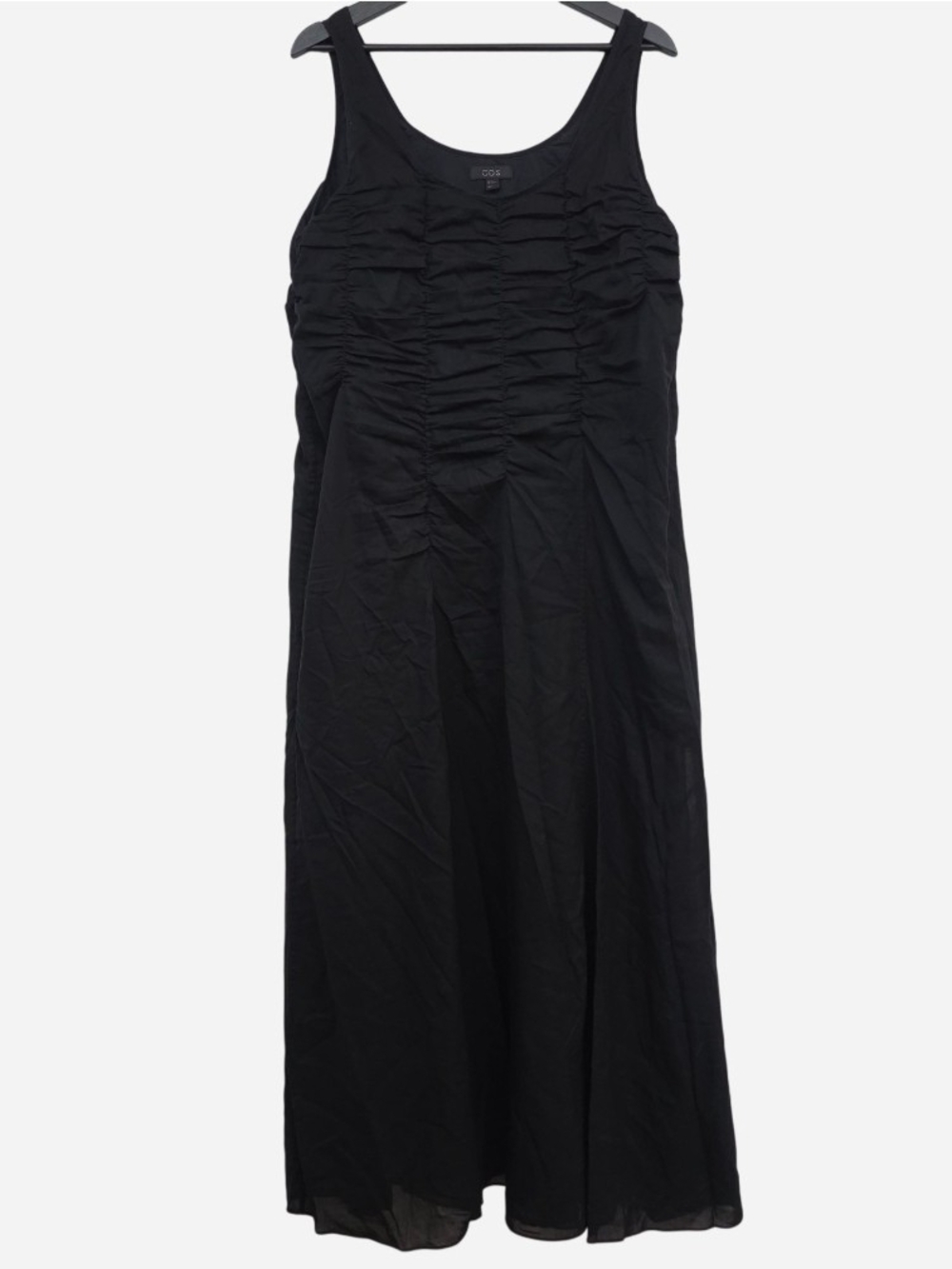 COS Black Ruched Cotton Maxi Dress EU 42 US 12 Lined Sheer Relaxed Fit